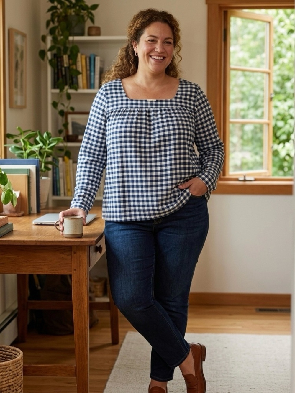 🔴Evolverie 3X Navy Gingham Cotton Square Neck Blouse Sustainable Plus Size Tunic